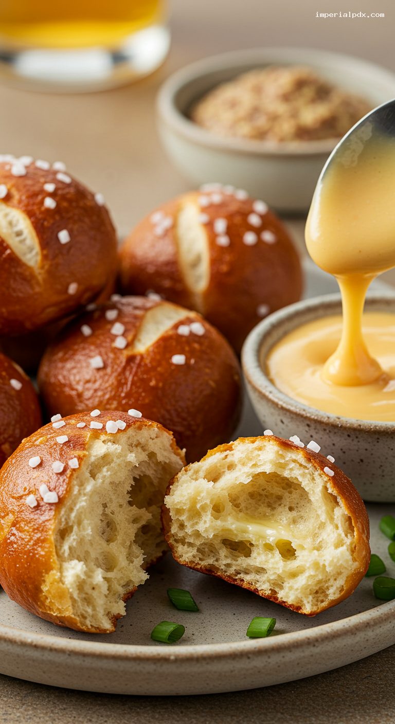 Warm Soft Pretzel Bites with Beer Cheese and Mustard – Closeup