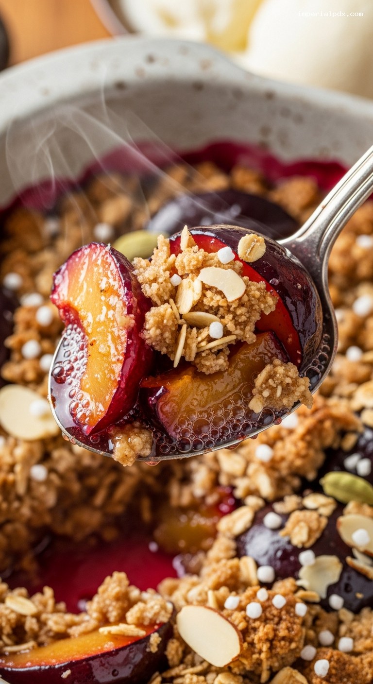 Warm Spice Plum Crisp with Nutty Oat Topping – Closeup