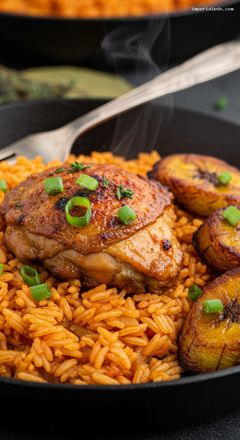 West African Jollof Rice with Chicken and Plantains – Closeup