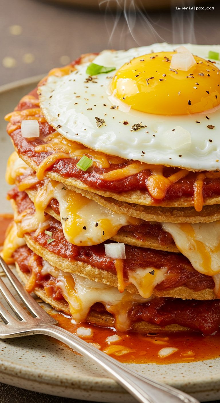 West Texas Stacked Enchiladas with Fried Egg – Closeup