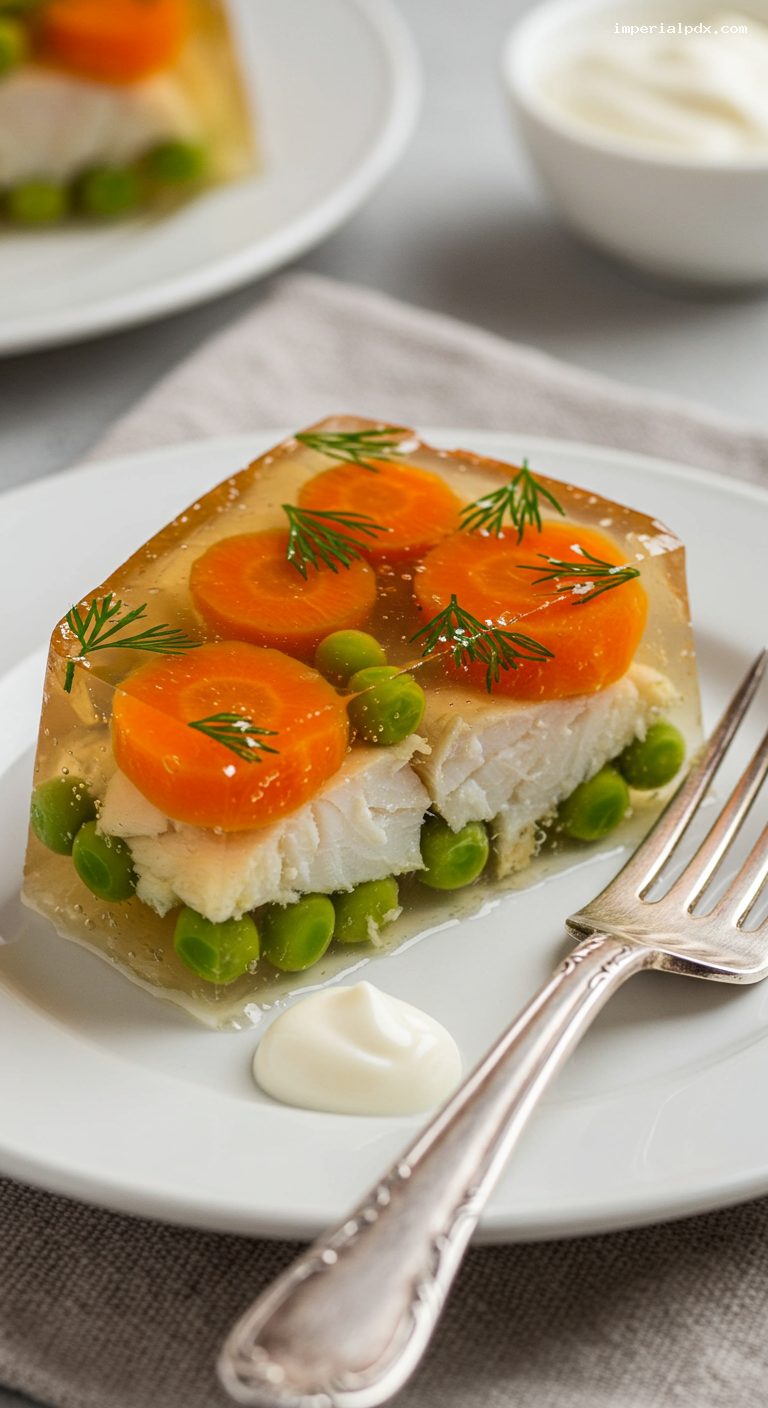 Zalivnaya Ryba: Poached White Fish in Savory Aspic – Closeup
