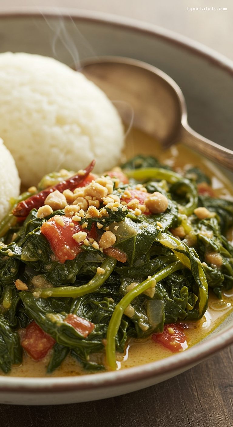 Zambian Ifisashi with Nshima in Peanut-Tomato Sauce – Closeup