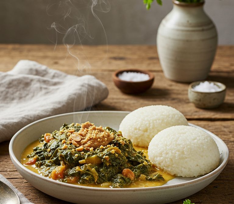 Zambian Ifisashi with Nshima in Peanut-Tomato Sauce
