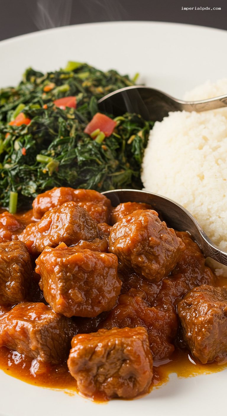 Zimbabwean Sadza with Beef Stew and Greens – Closeup