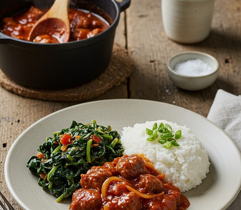 Zimbabwean Sadza with Beef Stew and Greens