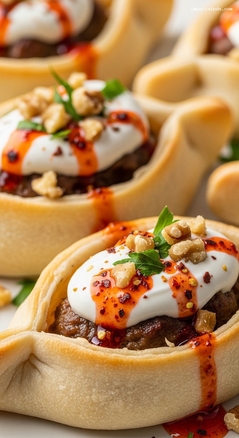Çerkez Mantısı Boat Dumplings With Walnut-Garlic Yogurt and Spiced Butter – Closeup