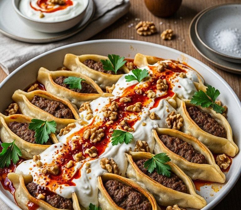Çerkez Mantısı Boat Dumplings With Walnut-Garlic Yogurt and Spiced Butter