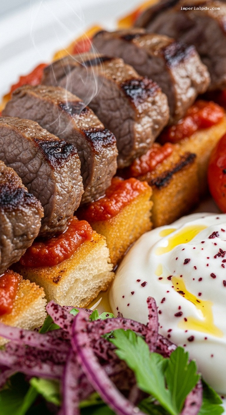 İskender-Style Kebab with Pide and Garlic Yogurt – Closeup