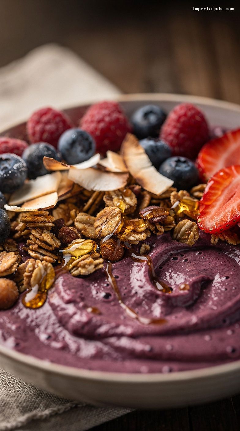 Açaí Banana Smoothie Bowl With Granola and Fresh Berries – Closeup