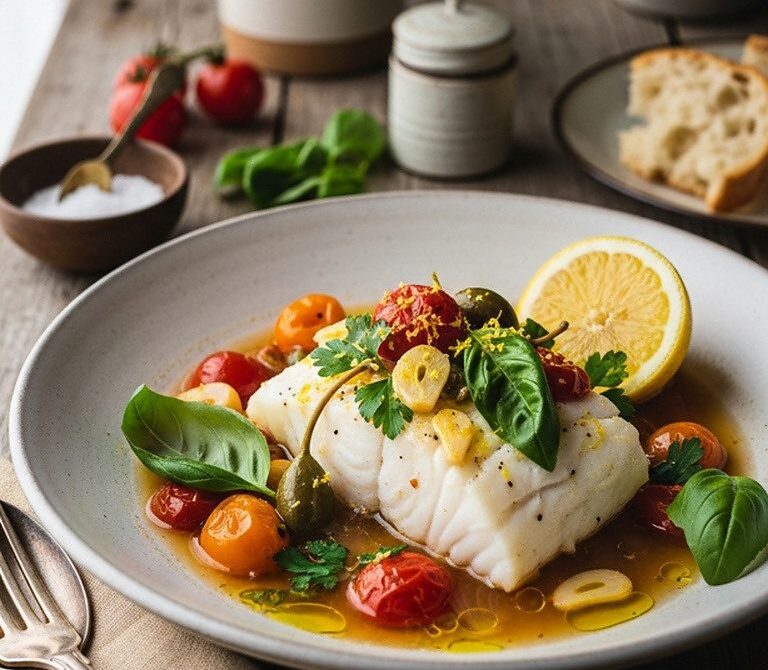 Acqua Pazza Fish with Cherry Tomatoes, Garlic, and White Wine