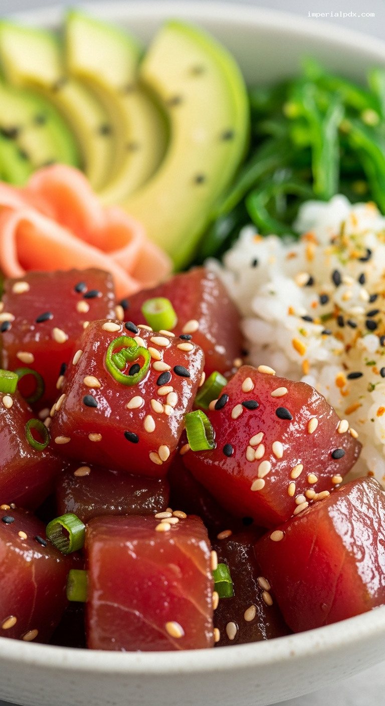 Ahi Poke Bowls with Avocado, Seaweed, and Furikake – Closeup