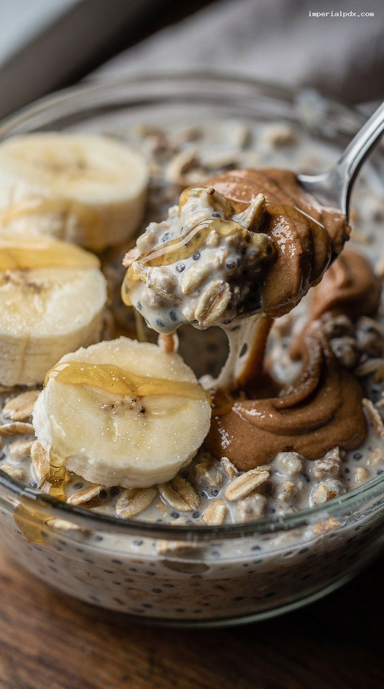 Almond Butter Banana Chia Overnight Oats – Closeup