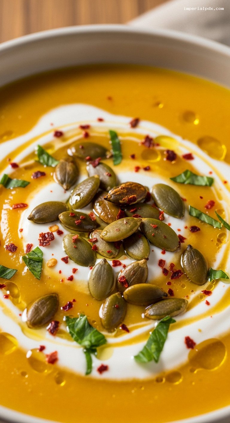 Anatolian Pumpkin Soup With Yogurt and Roasted Seeds – Closeup