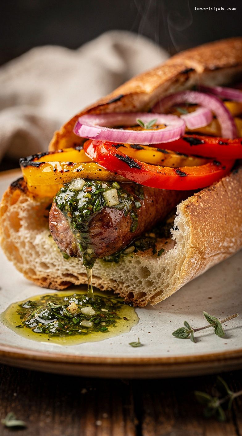 Argentine Choripán with Chimichurri, Pickled Onions, and Charred Peppers – Closeup