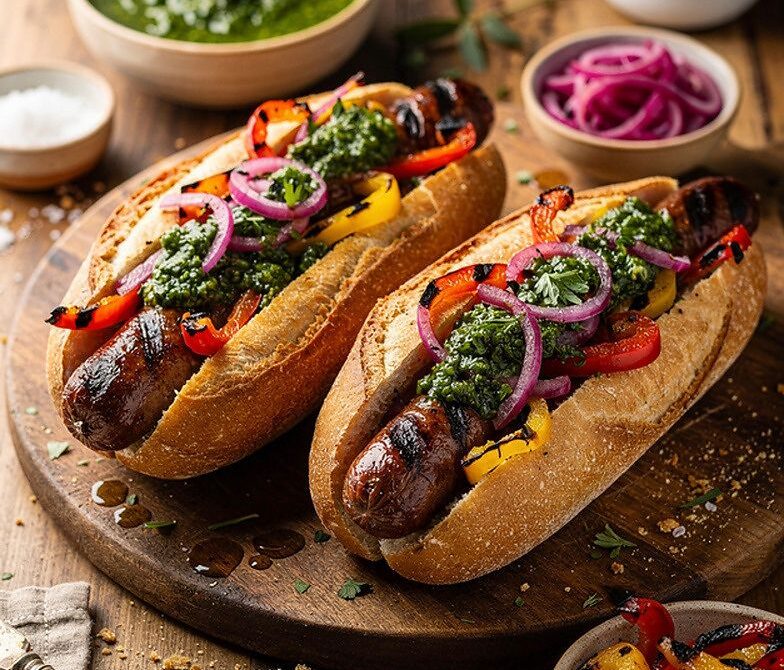 Argentine Choripán with Chimichurri, Pickled Onions, and Charred Peppers