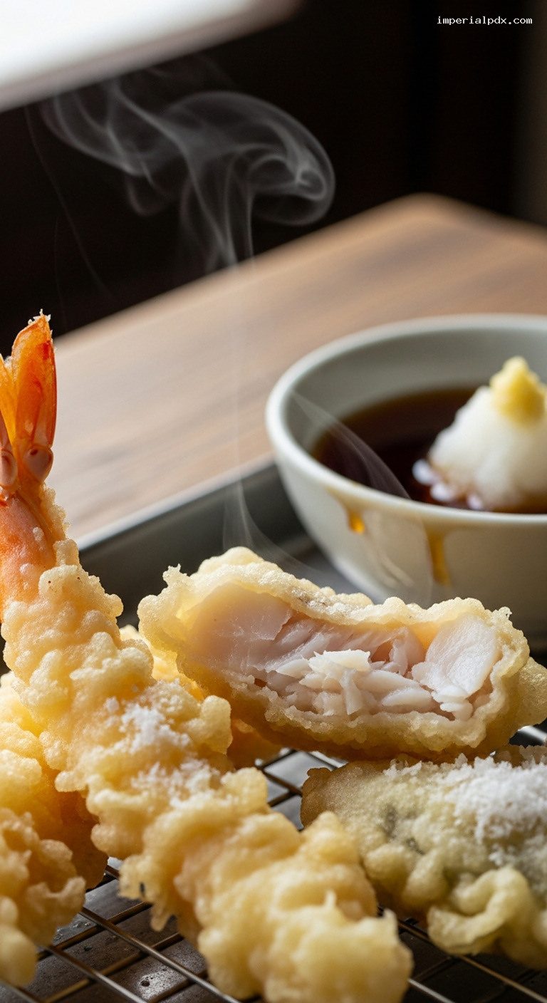 Assorted Fish and Prawn Tempura Platter with Tentsuyu – Closeup