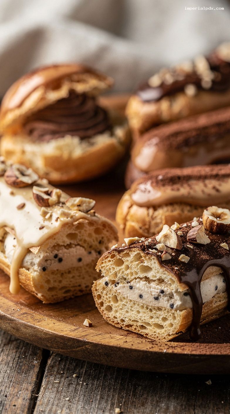 Assorted Mini Éclairs and Cream Puffs Dessert Tray – Closeup