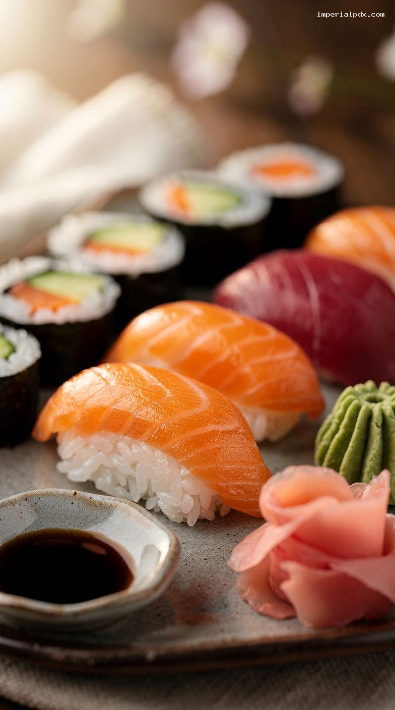 Assorted Sushi and Sashimi Platter with Nigiri and Maki Rolls – Closeup
