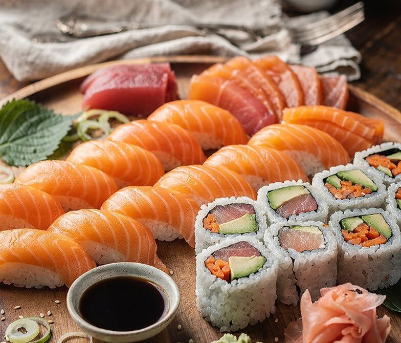 Assorted Sushi and Sashimi Platter with Nigiri and Maki Rolls