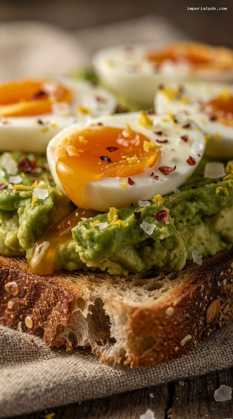 Avocado Toast With Jammy Eggs, Chili Flakes, and Lemon Zest – Closeup