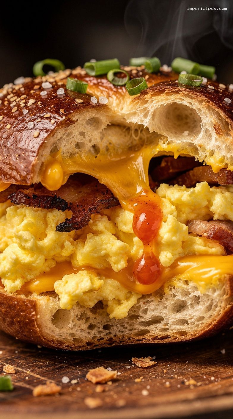 Bacon Egg and Cheese Stuffed Pretzel Rolls – Closeup