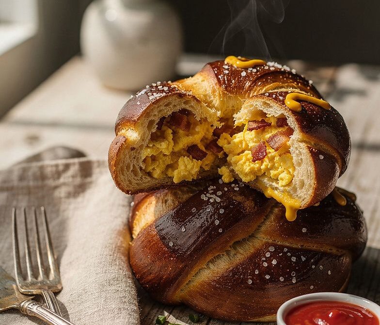 Bacon Egg and Cheese Stuffed Pretzel Rolls