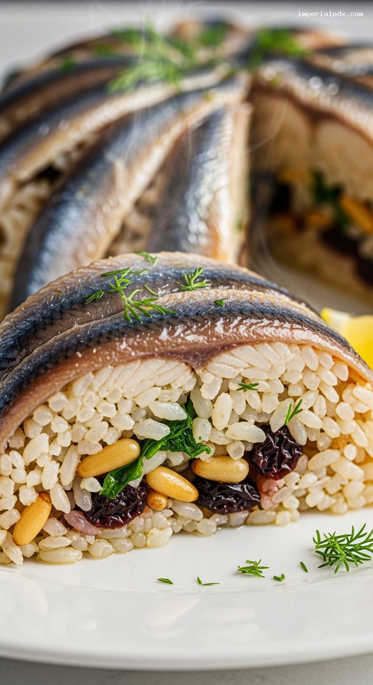 Baked Hamsili Pilav: Anchovy-Wrapped Herb Rice Pilaf – Closeup