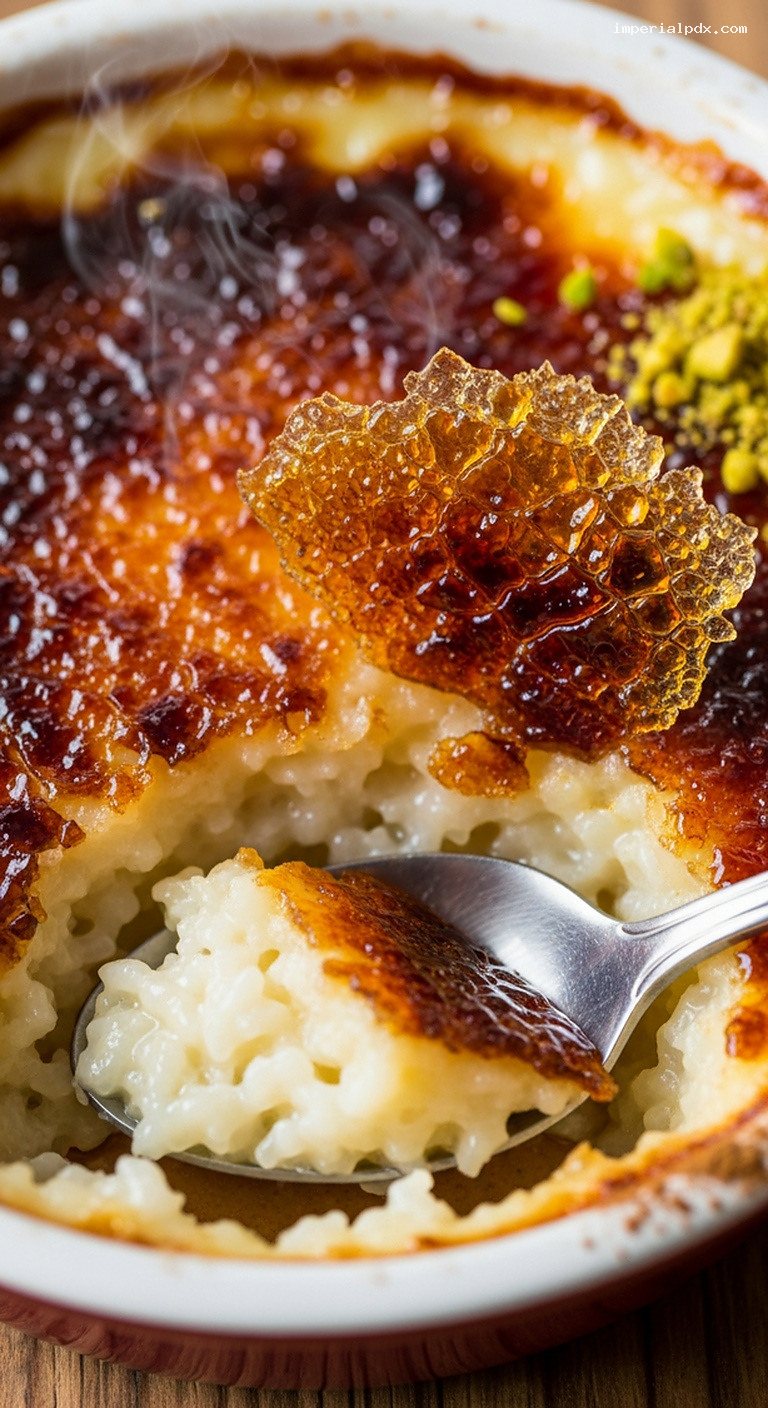 Baked Rice Pudding Brûlée With Crackly Sugar Crust – Closeup
