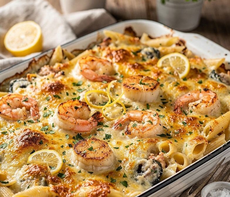Baked Seafood Alfredo Pasta with Shrimp, Scallops, and Mozzarella