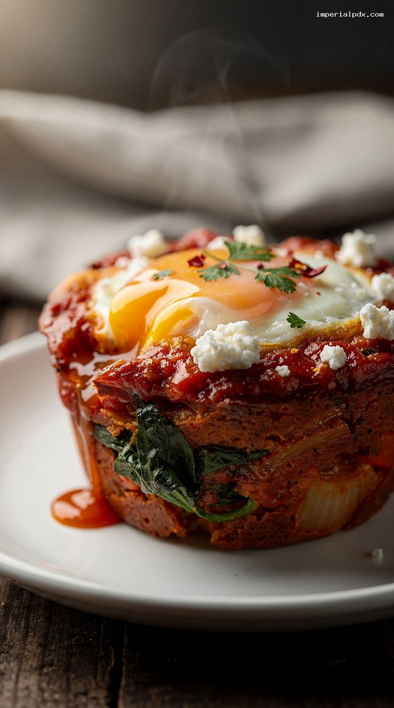 Baked Shakshuka Egg Cups With Spinach and Feta – Closeup