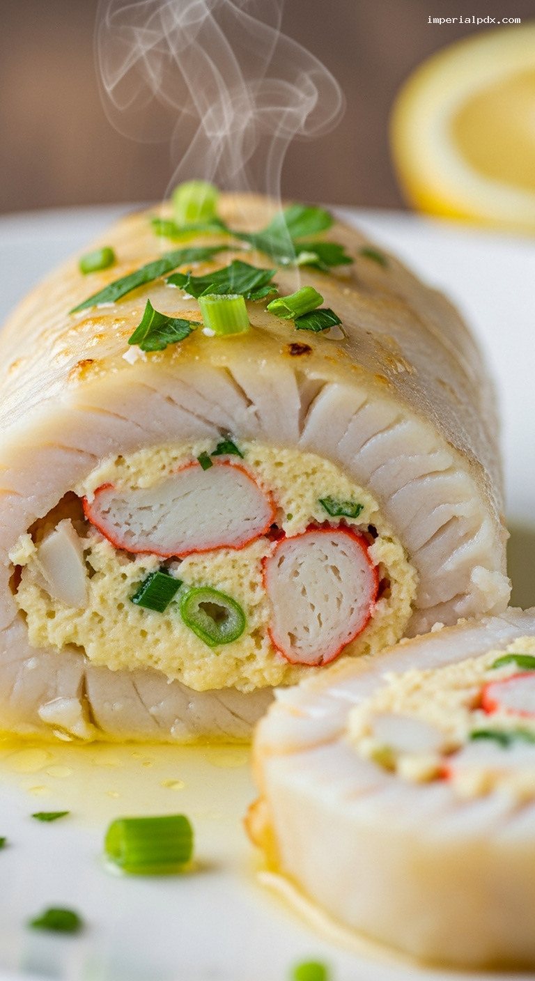 Baked Sole Roll-Ups Stuffed With Lemon Herb Crab – Closeup