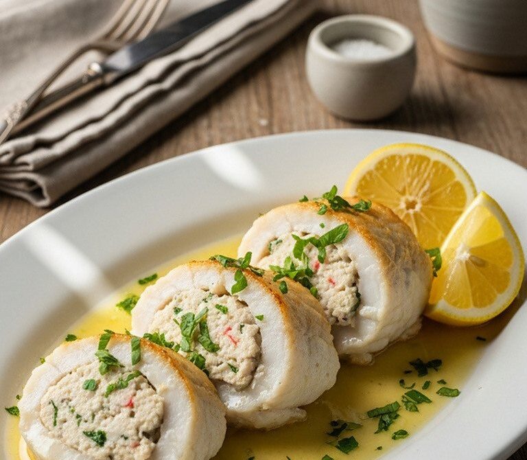 Baked Sole Roll-Ups Stuffed With Lemon Herb Crab