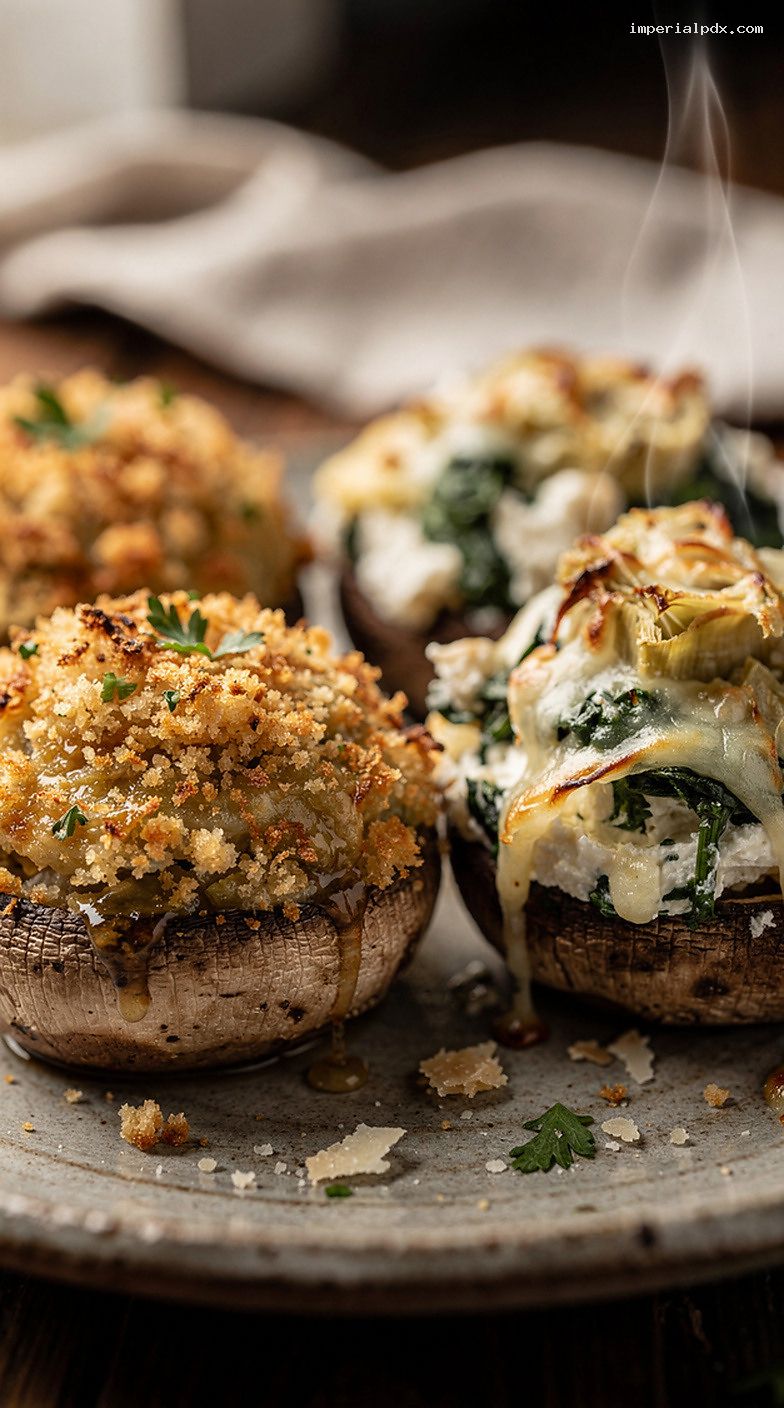 Baked Stuffed Mushrooms With Herb Breadcrumbs and Spinach Artichoke Filling – Closeup