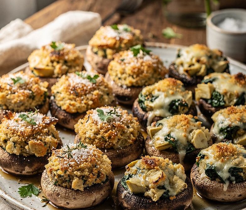 Baked Stuffed Mushrooms With Herb Breadcrumbs and Spinach Artichoke Filling