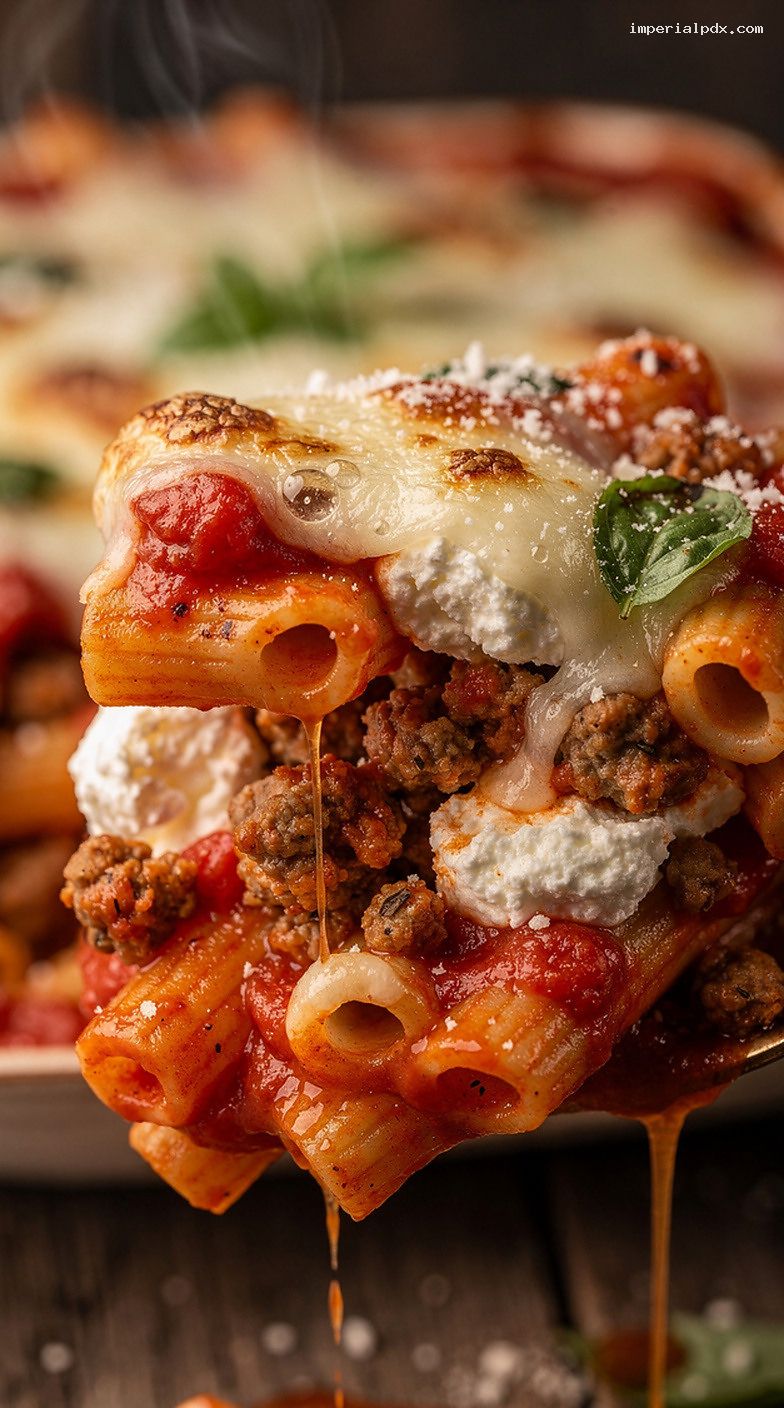 Baked Ziti With Italian Sausage, Ricotta, and Mozzarella – Closeup