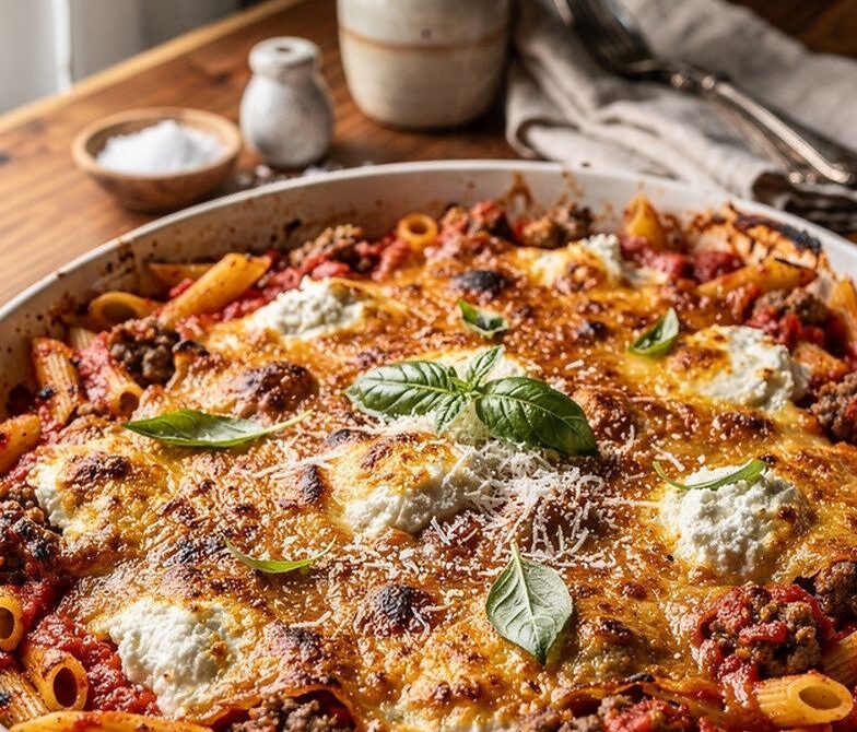 Baked Ziti With Italian Sausage, Ricotta, and Mozzarella