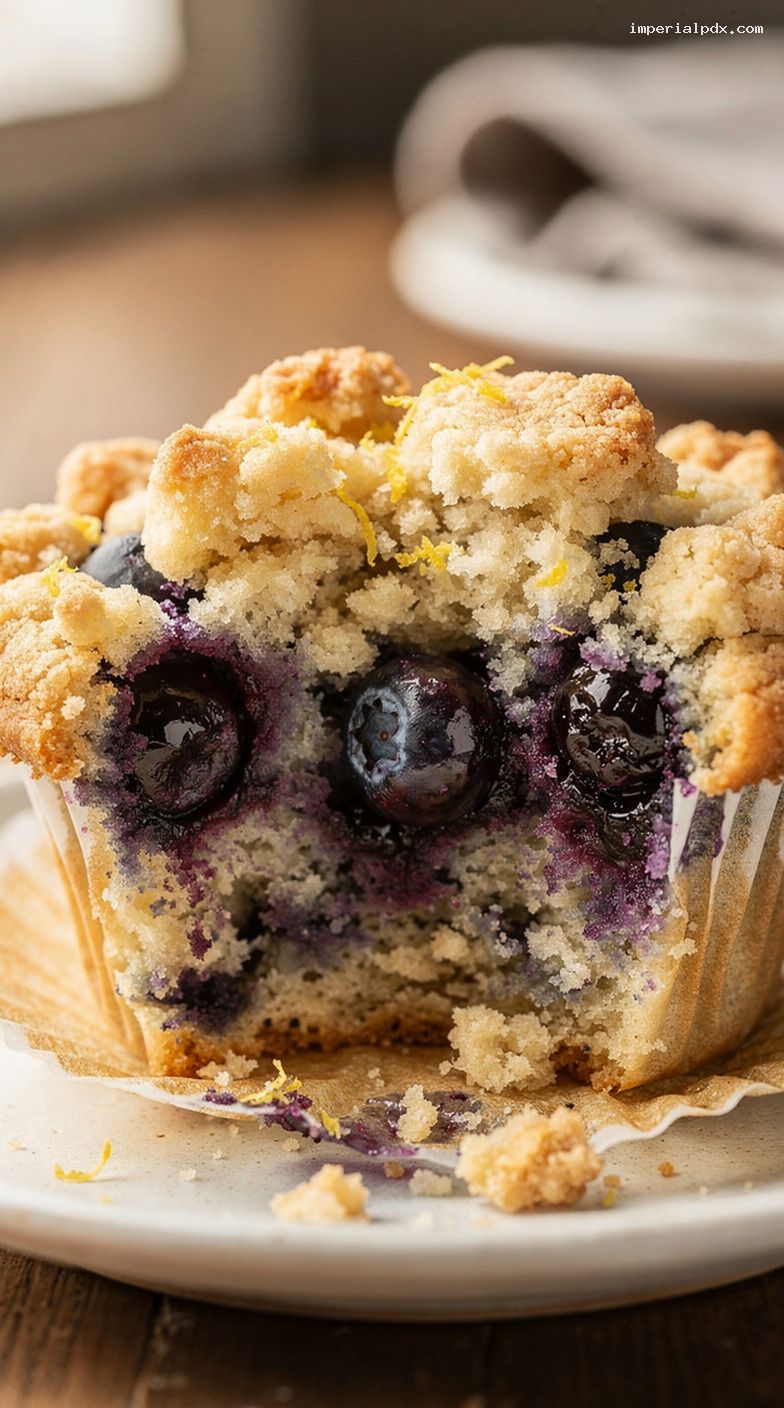 Bakery-Style Blueberry Streusel Muffins With Lemon Zest – Closeup