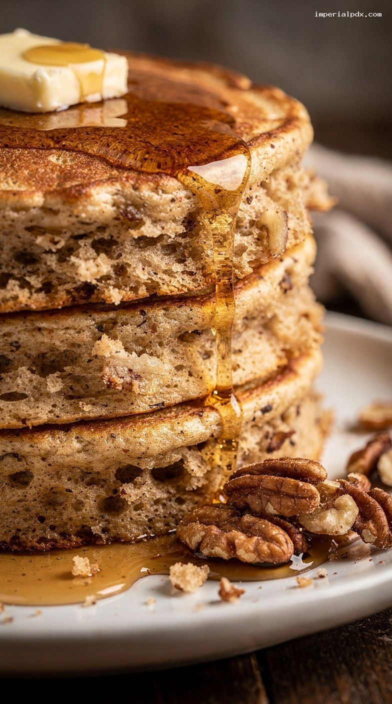 Banana Bread Pancakes With Toasted Walnuts and Maple Syrup – Closeup