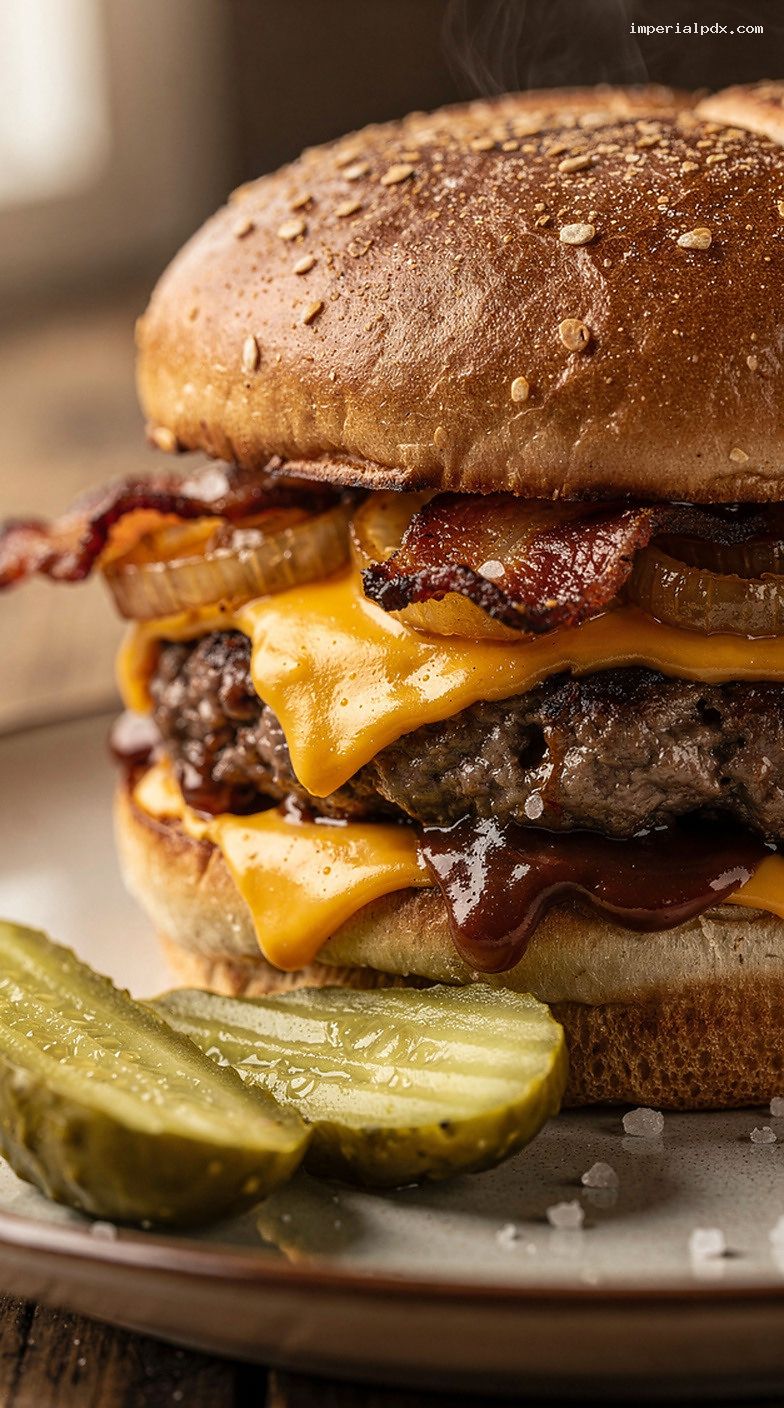 BBQ Bacon Cheddar Smash Burgers With Caramelized Onions – Closeup