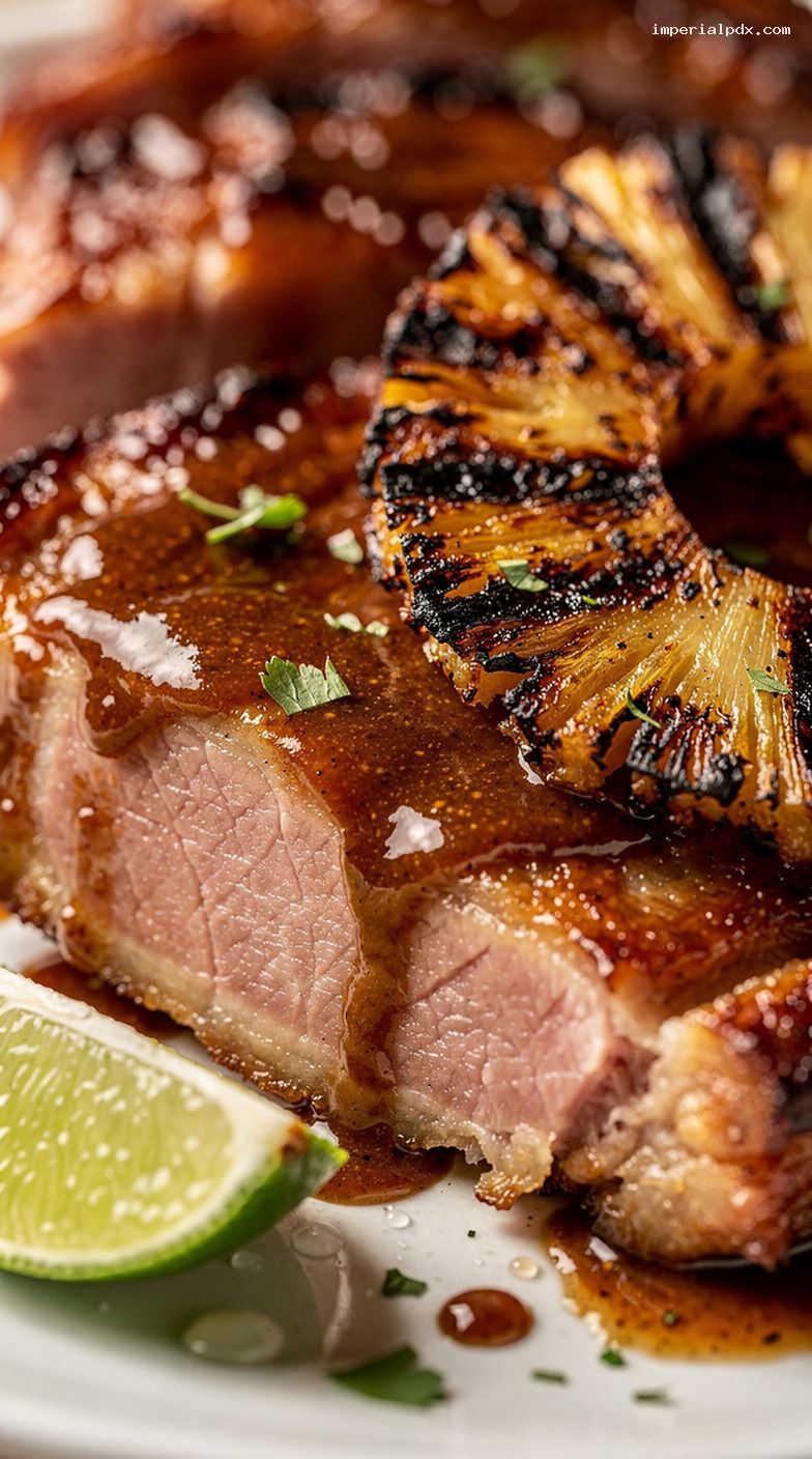 BBQ Glazed Ham Steaks With Charred Pineapple and Lime – Closeup