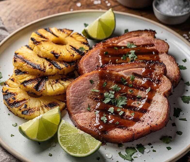 BBQ Glazed Ham Steaks With Charred Pineapple and Lime