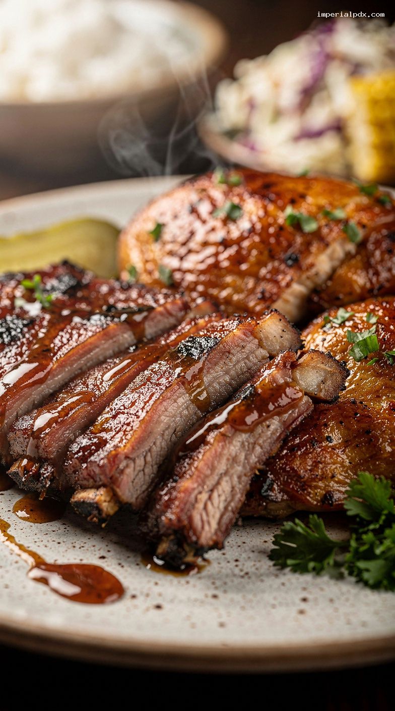 BBQ Grilled Ribs and Chicken Combo Platter with Classic Sides – Closeup