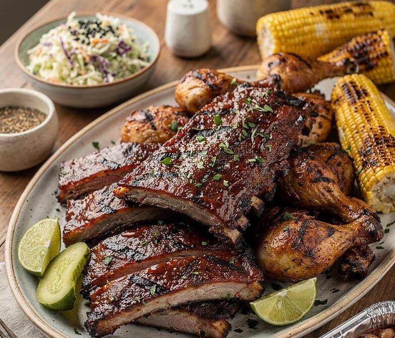 BBQ Grilled Ribs and Chicken Combo Platter with Classic Sides