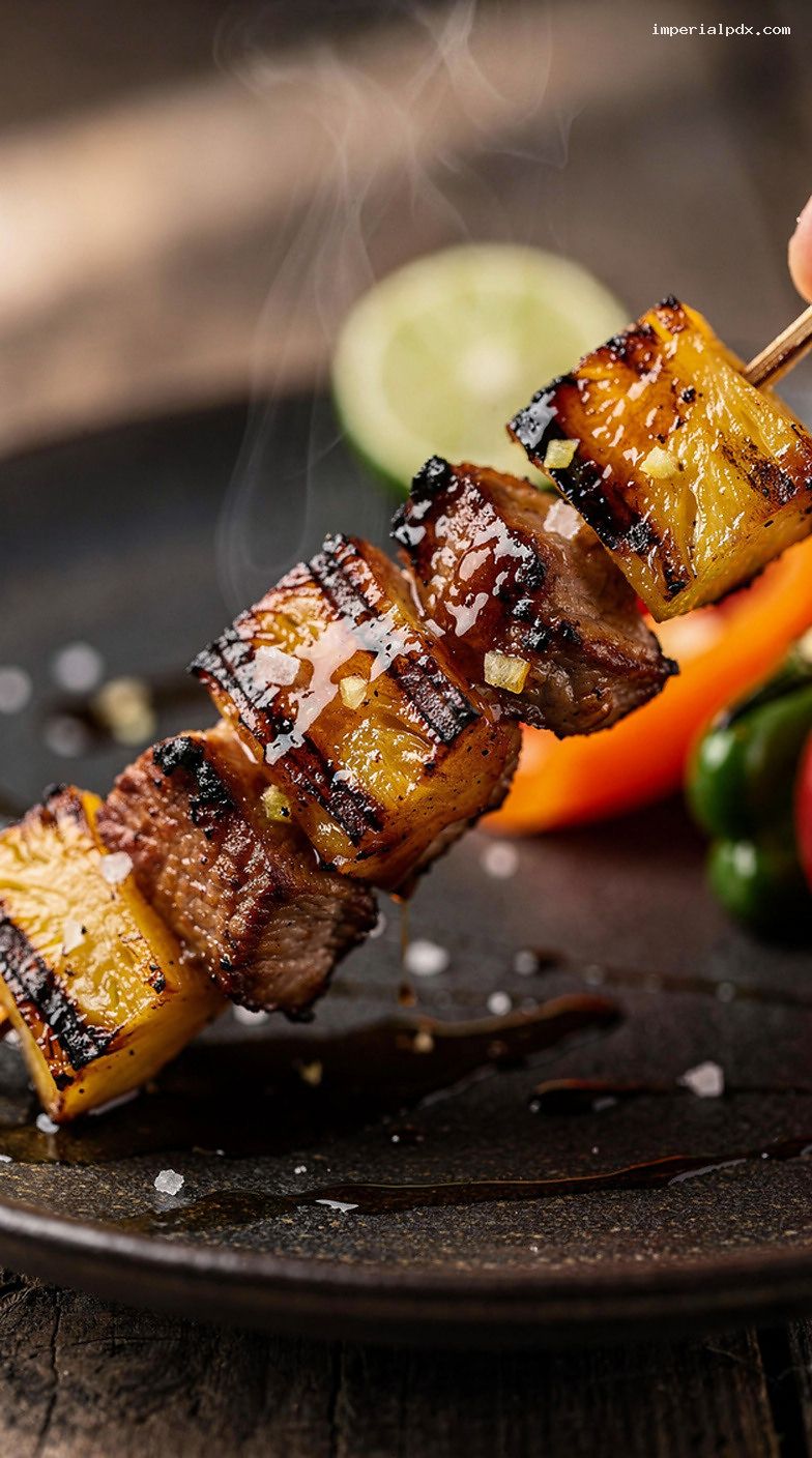 BBQ Pineapple Pork Skewers With Sticky Soy Garlic Glaze – Closeup