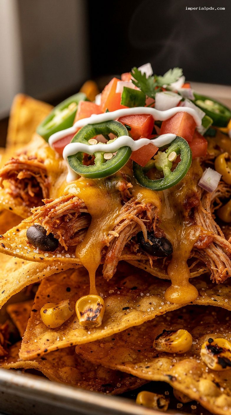 BBQ Pulled Chicken Sheet Pan Nachos with Pico and Crema – Closeup
