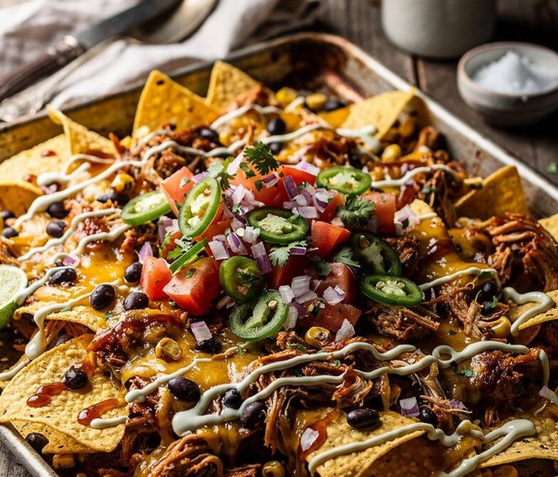 BBQ Pulled Chicken Sheet Pan Nachos with Pico and Crema