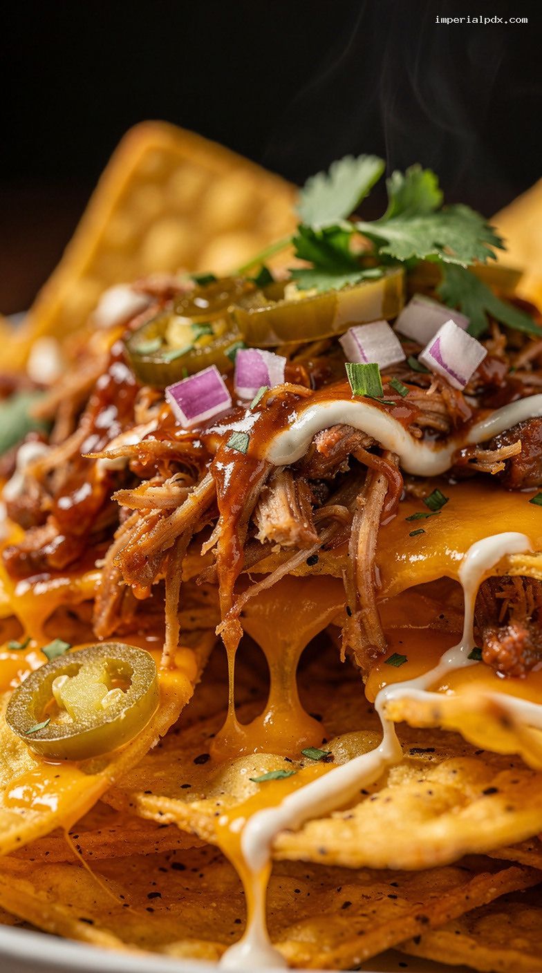BBQ Pulled Pork Nachos With Cheese, Jalapeños, and Crema – Closeup