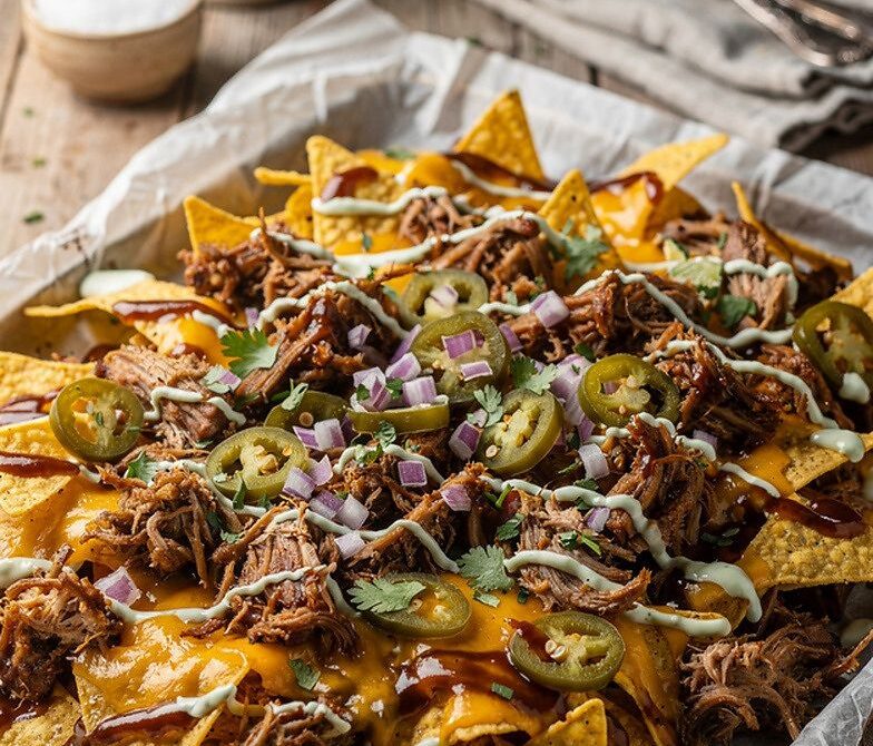 BBQ Pulled Pork Nachos With Cheese, Jalapeños, and Crema