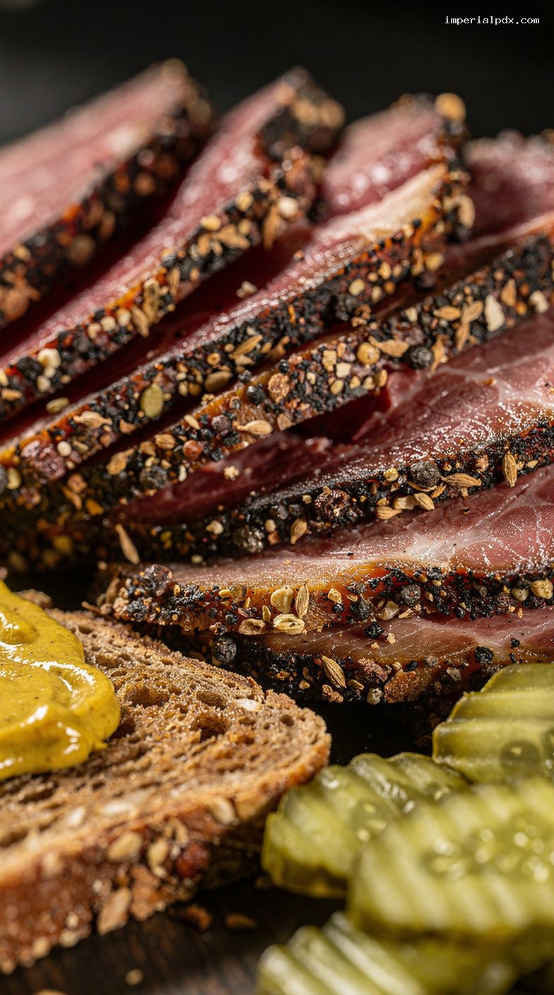 BBQ Smoked Corned Beef Pastrami Sandwiches with Mustard and Pickles – Closeup