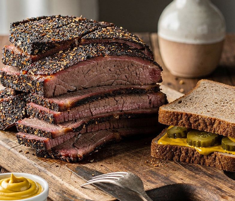 BBQ Smoked Corned Beef Pastrami Sandwiches with Mustard and Pickles